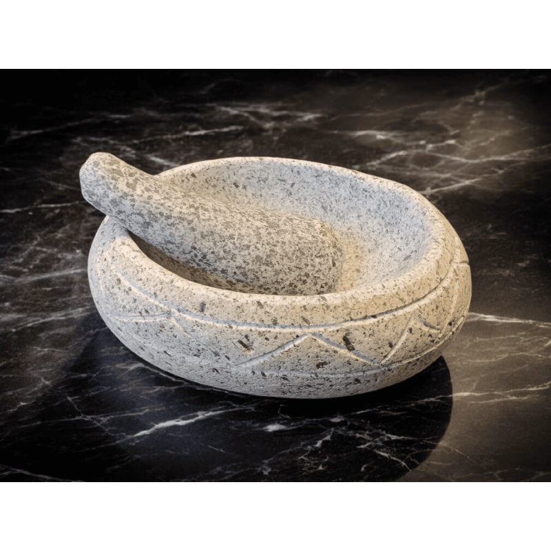 Morterito de piedra blanca con tallado